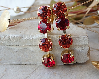 Red Clip On Earrings. Classic Earrings.  Clip On long Earrings. Pave Clip Earrings. Fire jewelry. Non Pierced Earrings. Drop clip on ear