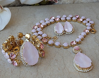 Pink Crystal Jewelry Set, Light Pink Jewellery, Bridal Necklace Bracelet Earrings