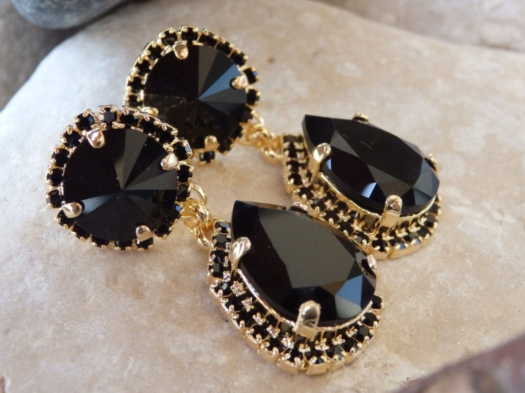 Black Crystal Chandelier Earrings, Gold Plated Black Earrings, Black