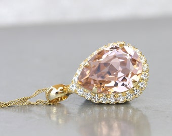 Vintage Rose Bridal NECKLACE, Morganite Teardrop Necklace, Rose Gold Teardrop Pendant,  Crystal Blush Pink, Bridesmaid Dainty Gift