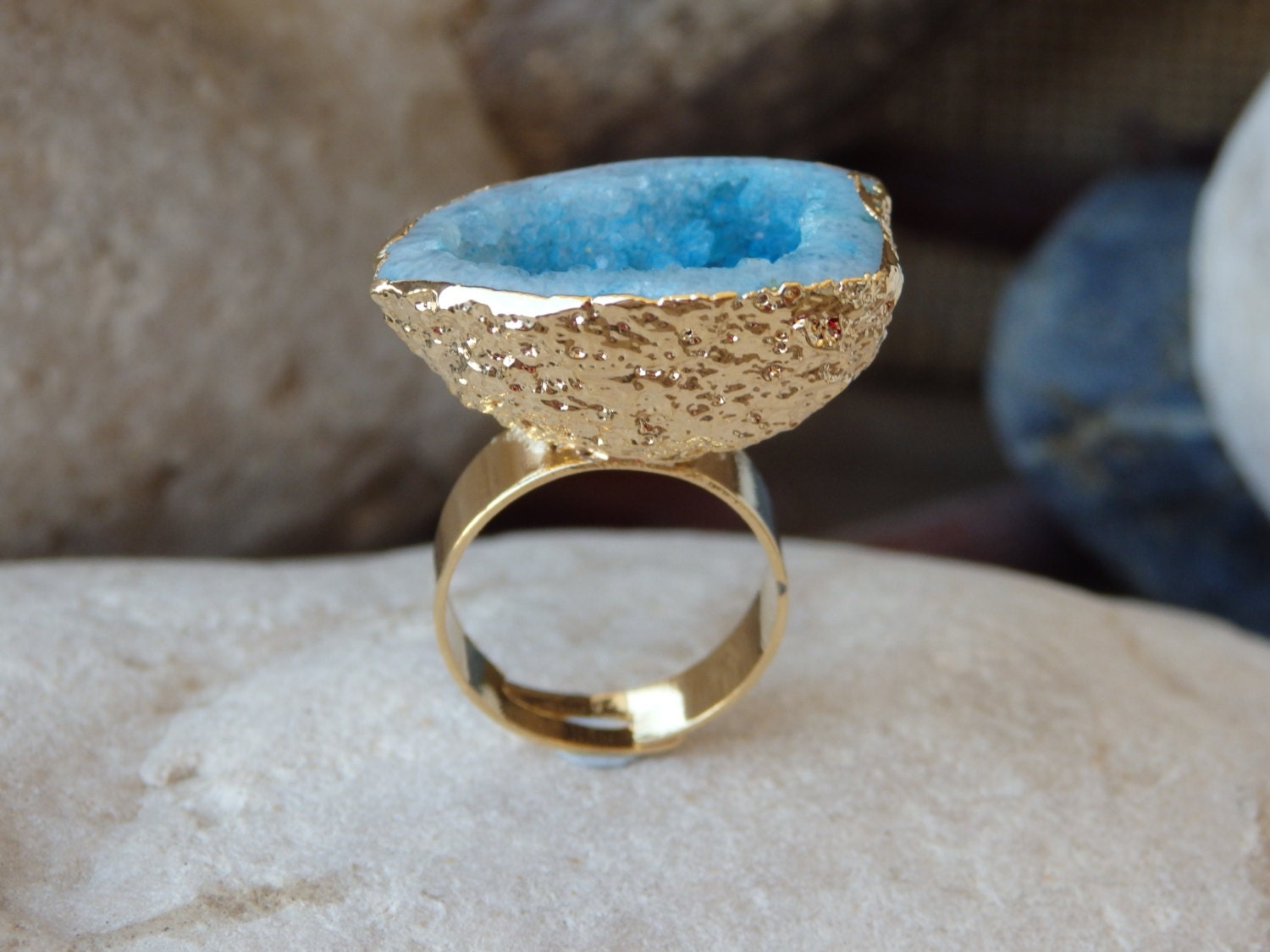 Charming Natural Double Sugar Druzy Gold Plated Adjustable Ring Gemstone Jewelry Charming Natural Double Sugar Druzy Gold Plated Adjustable Ring Gemstone Jewelry