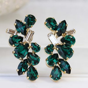 EMERALD EARRINGS, Dark Green Crystal earrings, Emerald Wedding jewelry, Cluster Studs, Bridal Earring,  Woman Earring,Classic Jewel