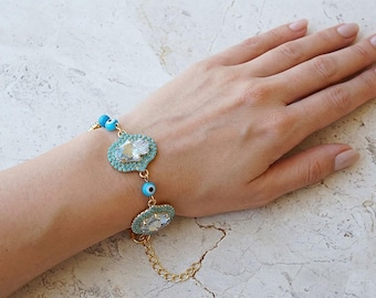 Gold Hamsa Hand Bracelet: Turquoise Evil Eye Charm Jewelry