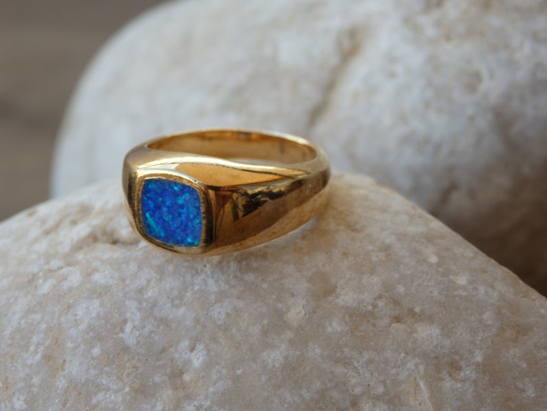 Opal Gold Signet Ring, Fire Opal Signet Ring, Blue Signet Ring, Square Opal Ring, Square Goldfilled Ring, Men Women Unisex Gold Signet Ring image 4