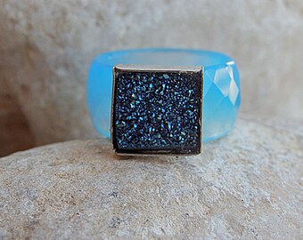 Blue Agate Druzy Statement Ring, .925 Sterling Silver