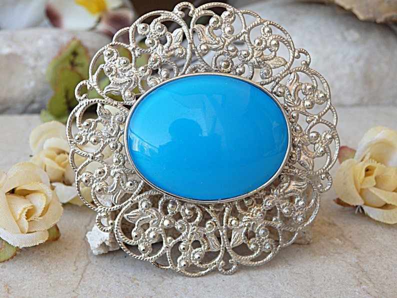 Safety Pin Brooch SILVER BLUE BROOCH Large Oval Brooch Sky Blue Brooch Boho Brooch Acrylic Stone Brooch Statement Brooch Lace Brooch