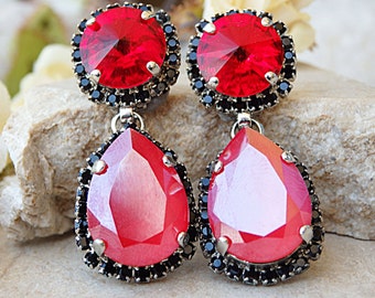 Red black earrings. Bridal ruby earrings. statement chandelier. Cocktail jewelry. Ruby crystal earrings. Woman gift. Blood red earrings