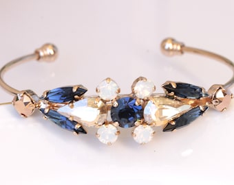 BLUE NAVY Bracelet, Navy Blue Bridal BRACELET, Blue Rose Gold White Opal Bracelet, bridal cuff,  Mixed  Rhinestones Brides Bracelet