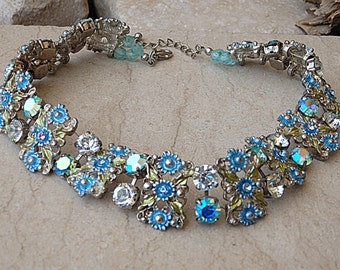 Blue Rhinestone Wedding Necklace, Silver Enamel Floral Jewelry