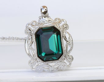 EMERALD STATEMENT NECKLACE, Dark Green Filigree Necklace,  Necklace,Antique Looking, Formal Emerald Jewelry, Emerald Silver Wedding