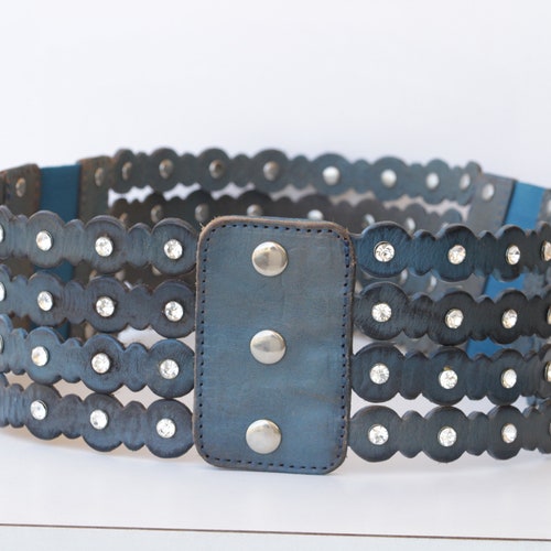 Waist Blue belt, BLUE JEANS Belt, Leather Studs Belt, Women's Belt, Women Leather order Belt, Waist Chunky Belt, Thick Crystals Belt, Stretch Belt