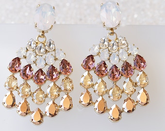 BLUSH PINK EARRINGS, Champagne Blush Earrings, Bridal Earrings, Statement Earrings, Antique Pink Wedding, Long Dangle  Earrings