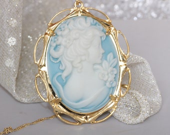 Cameo Necklace, Blue Necklace, Cameo Pendant, Pastel Colors Jewelry, Lady Cameo Necklace, Victorian Style, Acrylic Cameo , Mother's Day Gift