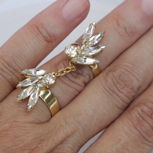 GOLD CHAIN RING, Two rings, Mid Finger Ring,  Ring, Adjustable Ring, Cocktail Ring, Chain Link Double Finger Ring,Statement Ring