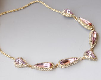 PINK CRYSTAL NECKLACE,  Necklace, Antique Pink Necklace, Prom Necklace, Blush Rose Necklace, Gold And Pink Necklace,Bridal Necklace