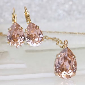 MORGANITE Jewelry Set, Teardrop Pendant, Wedding Jewelry, Bridal Simple Earrings And Necklace Set, Light Peach Necklace, Blush Pink Necklace