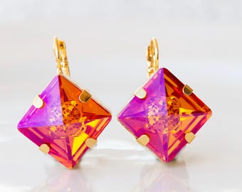 Orange Astral Pink Crystal Earrings: Hot Orange Fuchsia  Square Drop,