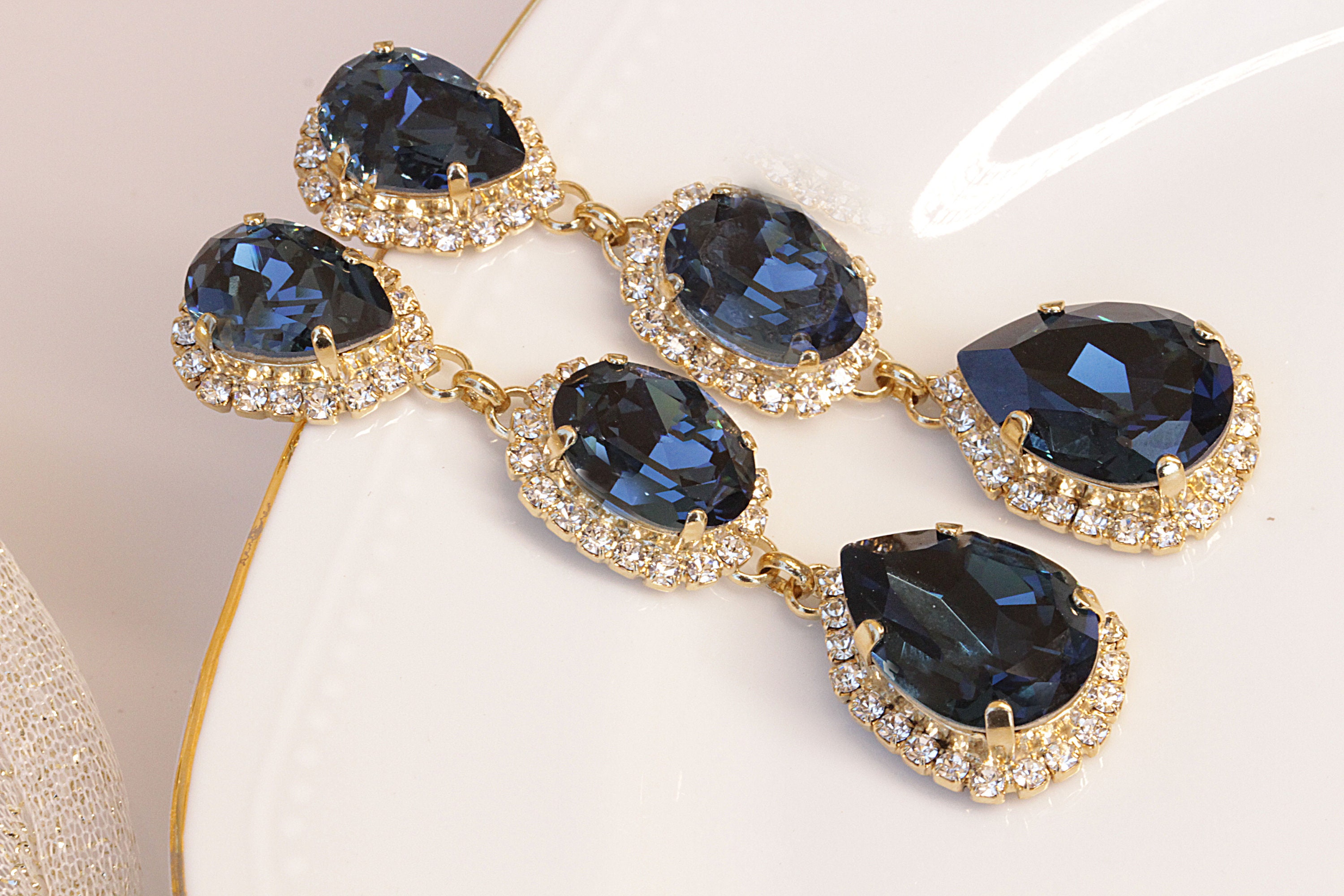 BLUE EARRINGS,  Wedding Long Earrings, Navy Blue Chandelier Earrings, Bridal Blue Navy earrings, Blue Topaz Earrings For Woman Gift