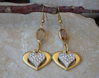 Valentine's Day Gift, Heart Shaped Earrings, Gold Plated  Earrings. Heart Dangle Earrings. Double Heart Earrings. Heart Jewelry