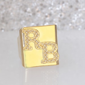 CUSTON SIGNET RING, Anillo de letras, Anillo chapado en oro de 24k, Regalo para esposa, Anillo familiar, Anillo personalizado, Anillo ajustable, Anillo personalizado nupcial