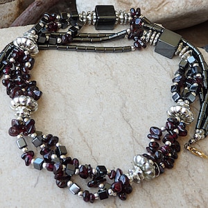 Dark Red necklace, Beaded necklace, Hematite Garnet beads necklace, Gemstone jewelry for unique women, Layered beaded necklace, Gift for her