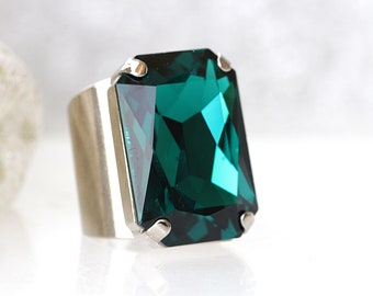 Emerald Crystal Ring, Adjustable Cocktail Ring, Statement Jewelry