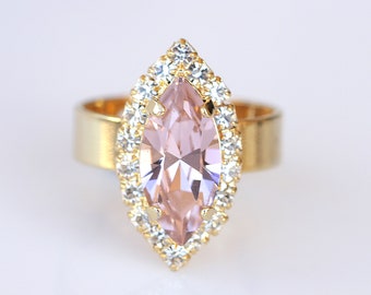 Marquise Morganite Crystal Ring, 24k Gold Plated, Adjustable
