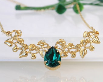 Emerald Teardrop Necklace: Green And Gold Leaves Bridal Jewelry
