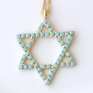 TURQUOISE STAR OF David Necklace, Jewish Star Jewelry,  Gold Blue Crystal Necklace, Bat Mitzvah Gift, Shield Of David, Jewelry From Israel