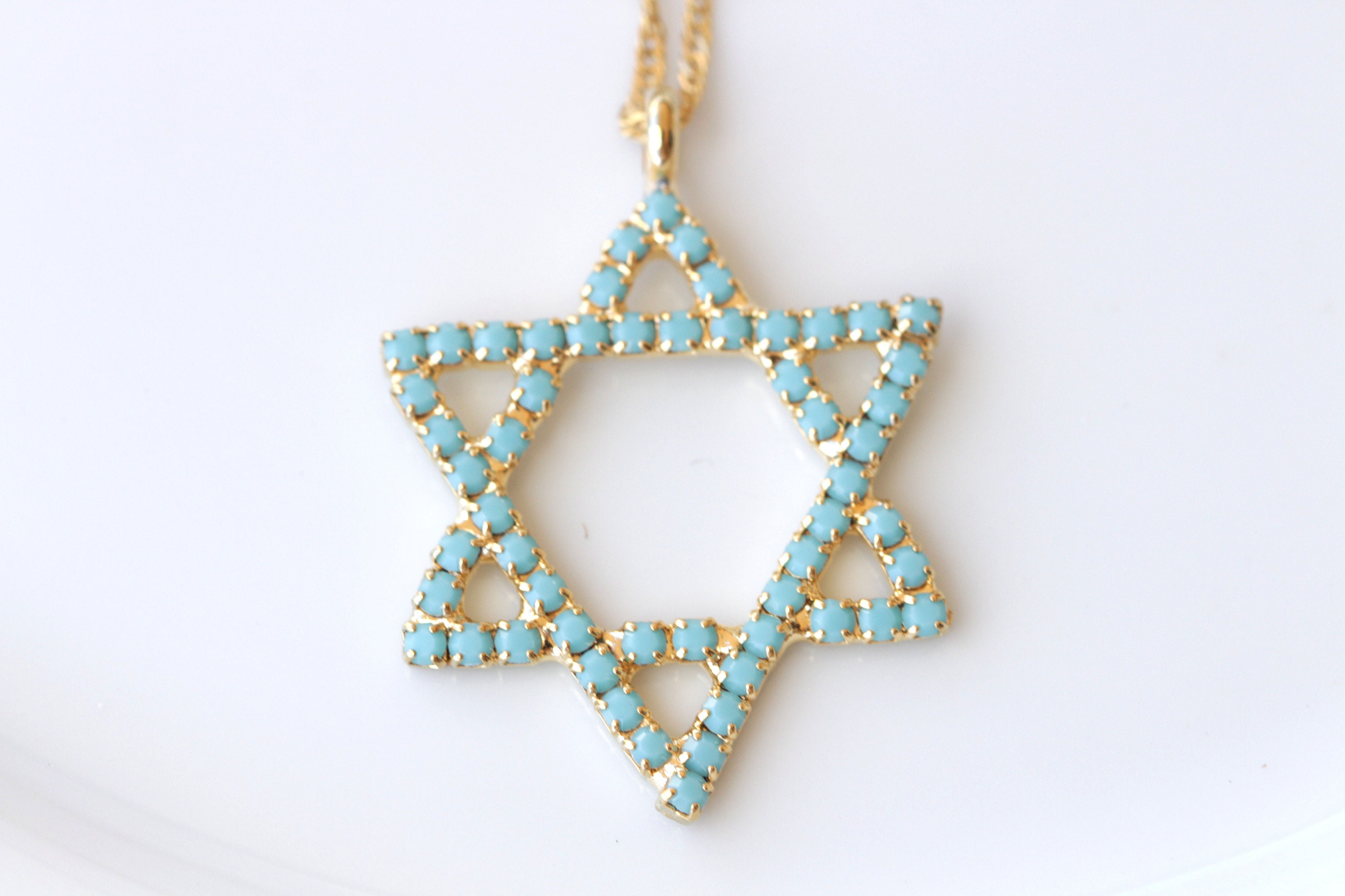 TURQUOISE STAR OF David Necklace Jewish Star Jewelry Gold Blue