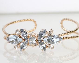 Dusty Blue Crystal Cuff Bracelet, Bridal Wedding Jewelry