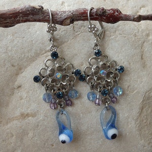 Blue eye earrings. Evil Eye Earrings, Evil Eye jewelry, Turkish eye silver earrings. Evil eye chandelier earrings. Unusual Glass jewelry.