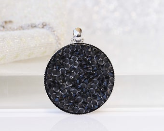 BLACK NECKLACE, Round Necklace,  crystal Necklace, Gift For Her, Disc Necklace, Crystal Rock Pendant, Boho Necklace, Silver Black