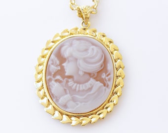 CAMEO NECKLACE, Brown Gold Cameo Pendant Necklace, Vintage Necklace, Lady Cameo Long Chain Necklace, Antique Cameo Necklace, Victorian Style