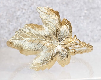 Gold Leaf Cuff Bracelet, Bridal Statement Jewelry