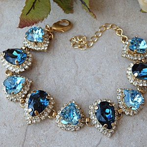 Blaue Nacht Armband, Navy blau Armband, Braut Strass Armband. Tropfen Form Armband. Aquamarin Herz Armband. Blaues Armband