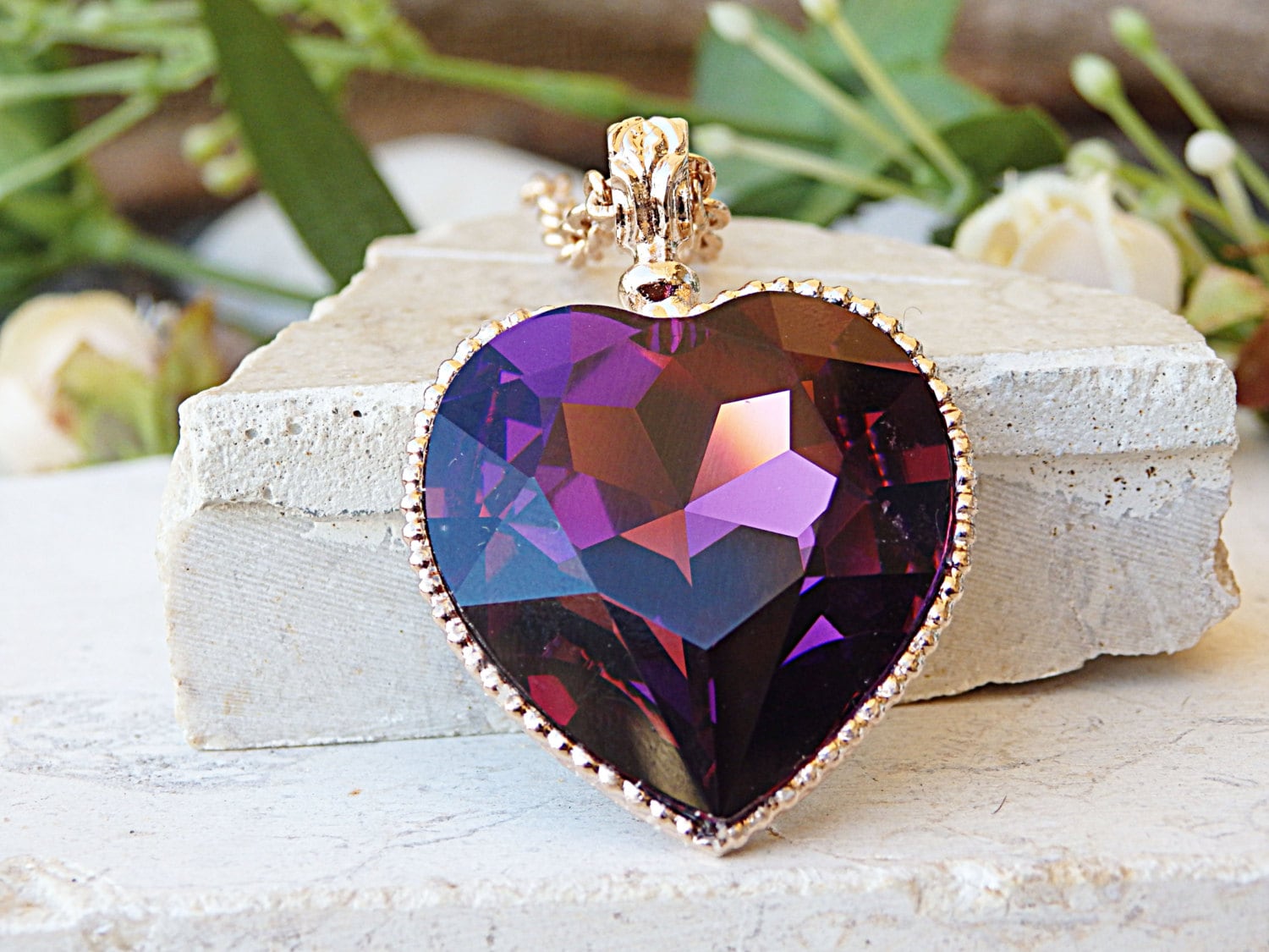 Purple Heart Necklace, Valentine Necklace.rhinestone Necklace. Jewelry  Gift. Glistening Necklace, Extra Large Heart Necklace, Sister Jewelry 