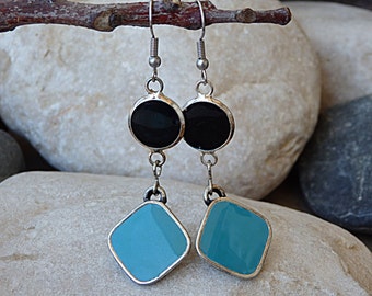 Turquoise and Black Dangle Earrings, Silver Geometric Earrings, Circle & Rhombus Drop Earrings, Drop Womens Earrings, Silver Enamel Jewelry