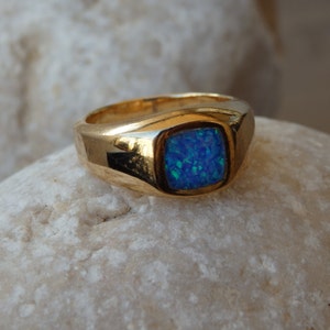 Opal Gold Signet Ring, Fire Opal Signet Ring, Blue Signet Ring, Square Opal Ring, Square Goldfilled Ring, Men Women Unisex Gold Signet Ring image 5