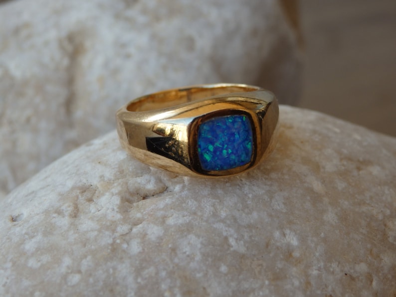 Opal Gold Signet Ring, Fire Opal Signet Ring, Blue Signet Ring, Square Opal Ring, Square Goldfilled Ring, Men Women Unisex Gold Signet Ring image 5