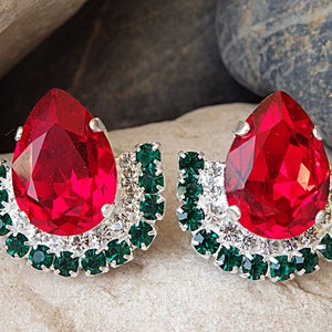 Red and Emerald  Cluster Earrings. Silver Red Green Earrings. Drop Shape Earrings. Teardrop Stud Earrings. Red Crystal Earrings