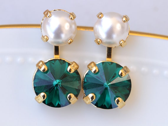 EMERALD PEARL EARRINGS ,emerald Bridal Stud Earrings, Dark Green