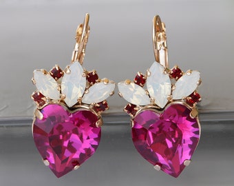 PINK OPAL EARRINGS, White Rose Gold Pink Opal Heart Drop Earrings, , Gift For Her, Bridesmaid, Valentine Gift, Fuchsia Earrings