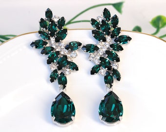 EMERALD DANGLE EARRINGS,  Statement Chandeliers For Bridal, Wedding Long Dark Green Earrings,Teardrop Earrings, Mother of The Bride