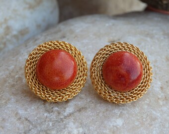 Gold Plated Red Coral Jewelry Set: Pendant Necklace and Earrings