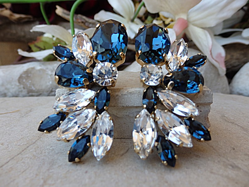 Navy blue wedding earrings. Midnight blue jewelry. Feminine earrings. Blue bridal earrings. Sparkling earrings.Blue white earrings image 1