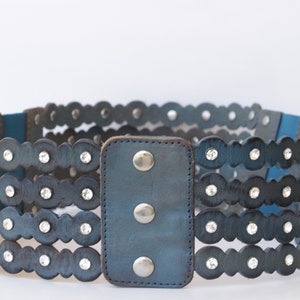 Waist Blue belt, BLUE JEANS Belt, Leather Studs Belt, Women&#39;s Belt, Women Leather Belt, Waist Chunky Belt, Thick Crystals Belt, Stretch Belt