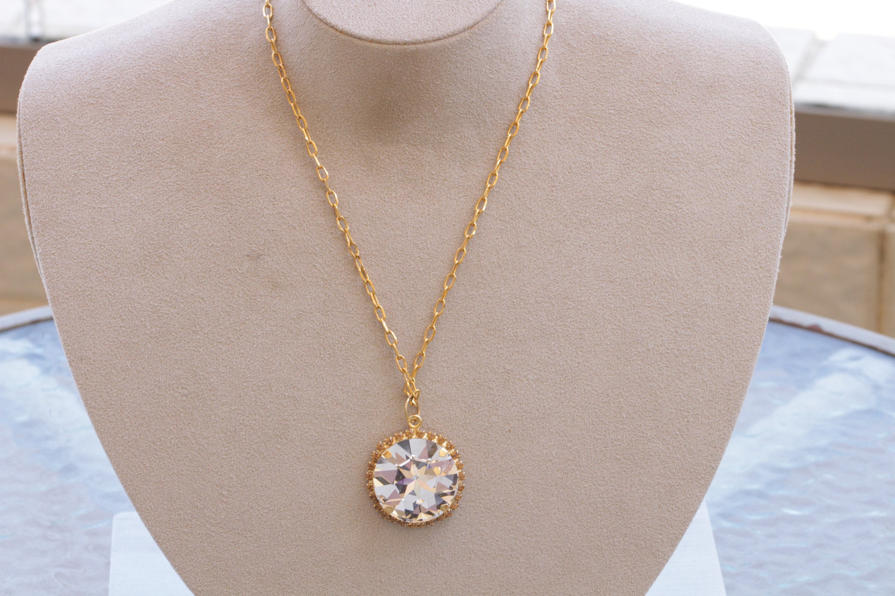 Bridal Necklace Circle Crystal Pendant White Crystal Etsy