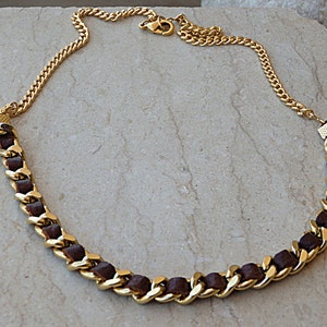 Gold Chain With Leather Bracelet and necklace.Gold and brown,Link bracelet, Dark Brown Leather Necklace and bracelet Set.Leather jewelry set