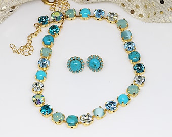 Turquoise & Crystal Jewelry Set, Blue Gemstone Necklace and Earrings